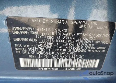 2019 Subaru Crosstrek 2.0I Premium from USA, damaged, VIN JF2GTAEC5K8394096